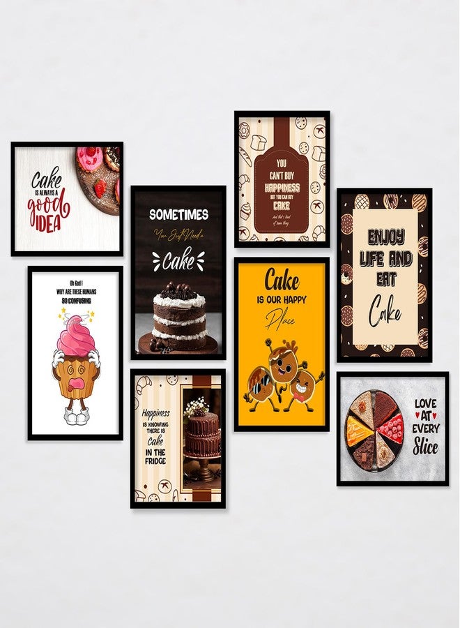 ARTELLY Engineered Wood Cake Bakery Cheesecake Quotes Wall Posters With Frame - Food Framed Posters For Cafe Lounge Restaurant Kitchen Wall Decor (Set of 8) (Black) (Medium, Kicha 3) - Image 1
