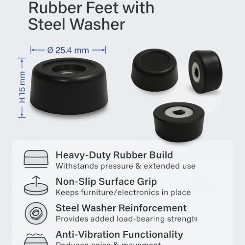 Penn Elcom Small Black Bold Rubber Feet with Steel Washer – Set of 12 | Heavy-Duty Pads for Electronics, Furniture & AV Gear | Anti-Vibration, Non-Slip for Floor Protection (Ø - 25.4mm, H - 15mm) - Image 2