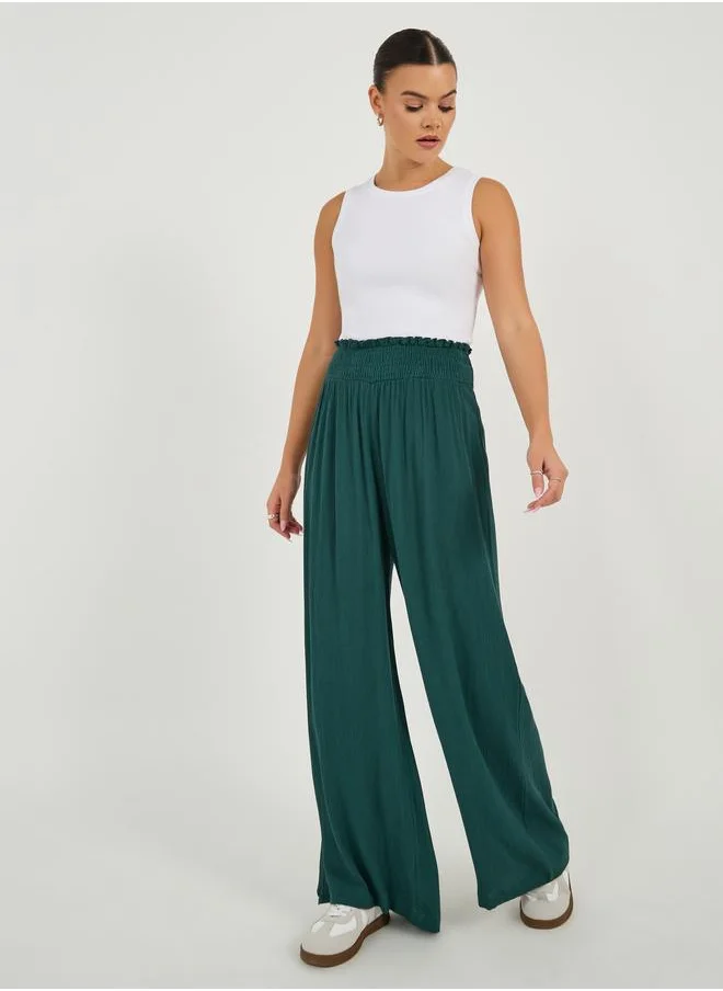 Styli Styli High Rise Smocked Waistband Wide Leg Pants