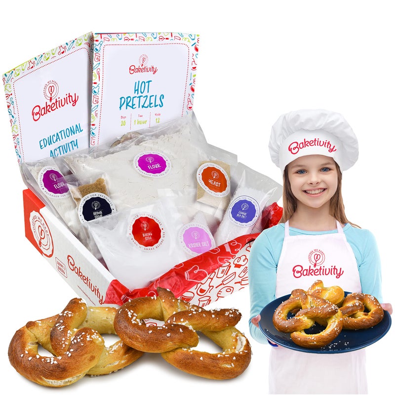 Baketivity Kids Baking Set Meal Cooking Party Supply Kit for Teens Real Fun Little Junior Chef Essential Kitchen Lessons Includes PreMeasured Ingredients Kit Hat  Apron Pretzel
