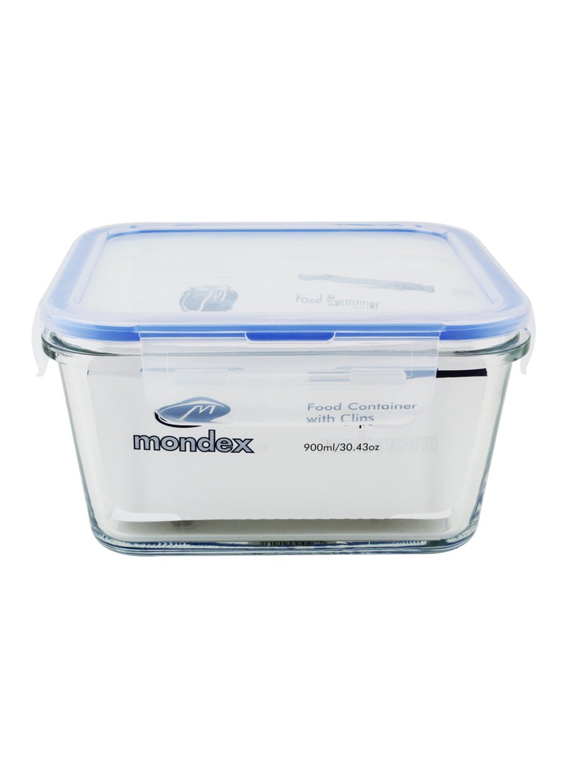 Mondex 900ml Square Glass Food Storage Container With Blue Lid - Image 1