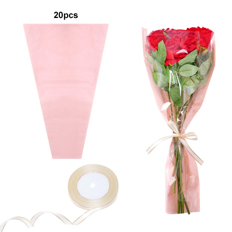 baotongle 20 Pack Flower Bags for Bouquets Flower Sleeves for Bouquets Bags with Ribbon for Valentine's Day Birthday Wedding Graduation Father's Day Gift Packing (Pink) - Image 3