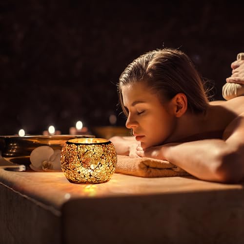 Rancco حامل شموع معطر من زجاج الموزاييك، حامل شمعة ضوء الشاي اليدوي الرومانسي للعلاج بالروائح، ديكور الحفلات (بدون شموع)، يمكن استخدامه أيضًا ك vase، حامل أقلام، وعاء للنباتات المزروعة (كهرماني) - Image 2