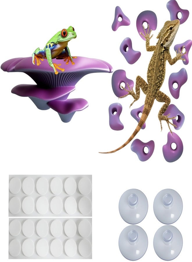 Okueejur Mushroom Terrarium Decor & Climbing Hold Kit,with 12 Rock Holds, Suction Cups & Adhesive Dots for Geckos, Frogs, Small Lizards & Snakes in Dry/Semi-Moist Habitats (Lavender Silver) - Image 1