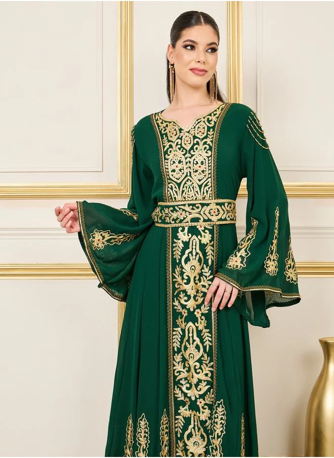 Maxim Creation Thread Embroidered Beaded Detail Belted Kaftan by Styli