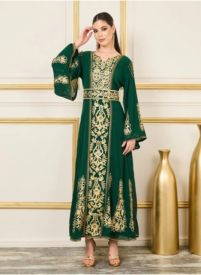 Maxim Creation Thread Embroidered Beaded Detail Belted Kaftan by Styli