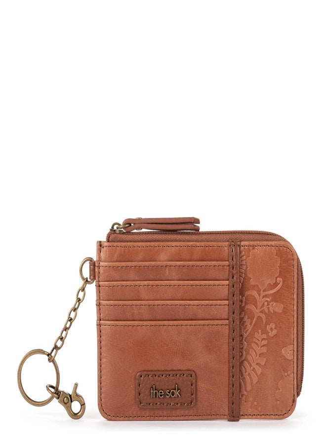 The Sak Iris Wallet in Leather, Elevated Card Holder with Keychain, Tobacco Floral Embossed II - Image 1
