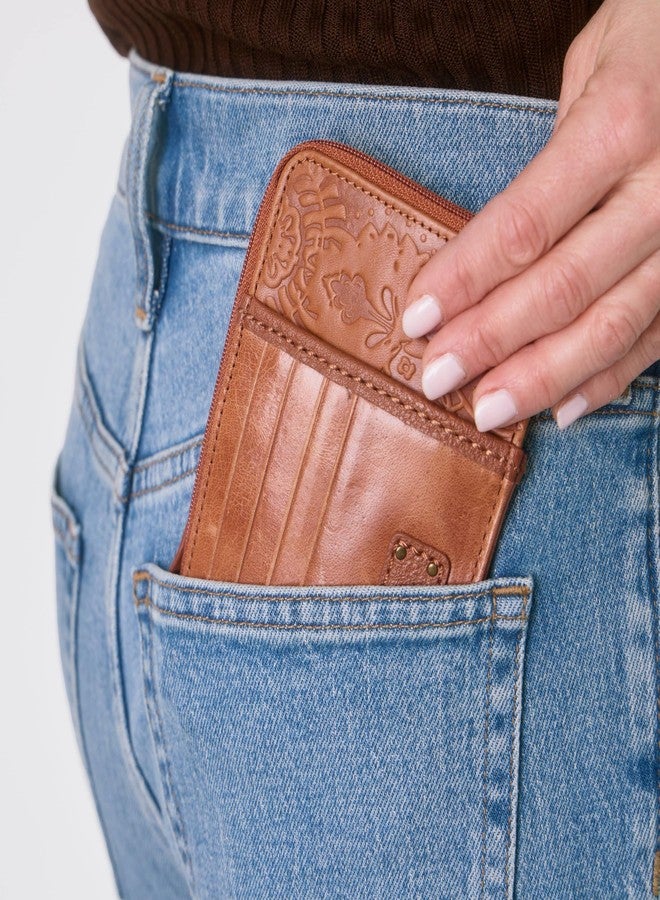 The Sak Iris Wallet in Leather, Elevated Card Holder with Keychain, Tobacco Floral Embossed II - Image 2