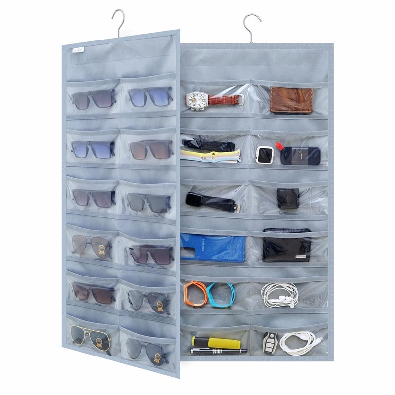FAB ELLITE Sunglasses Organizer Storage Hanging Dust Proof Sunglasses Case Wall Mounted Travel Dual Sided Glasses Case Multiple PairsEyeglasses Holder with 24 Clear Slots Inside Professional Grey - Image 1