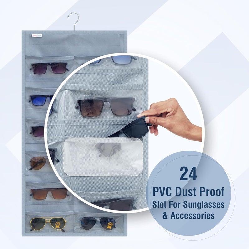 FAB ELLITE Sunglasses Organizer Storage Hanging Dust Proof Sunglasses Case Wall Mounted Travel Dual Sided Glasses Case Multiple PairsEyeglasses Holder with 24 Clear Slots Inside Professional Grey - Image 2