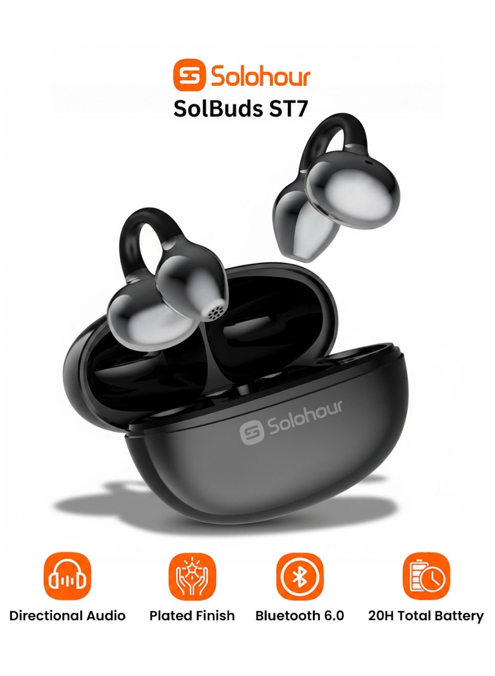Solohour ST7 Open-Ear Earbuds, Directional Audio Wireless Earphones with Secure Sports Fit, Sleek Gloss Finish, Up to 20 Hours Total Playtime-Black