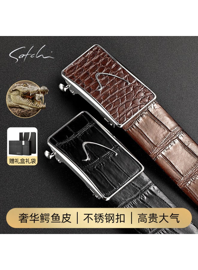 Satchi Men's Leather Belt Gift Box, Waist Belt, Crocodile Skin Belt With Automatic Buckle, Birthday Gift, Coffee Color, Size 125