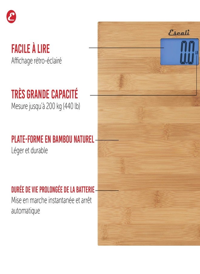 Escali Bamboo Digital Electronic Bathroom Scale for Body Weight, Bath Scale with Extra-High Capacity of 440 lb, Batteries Included - Image 2