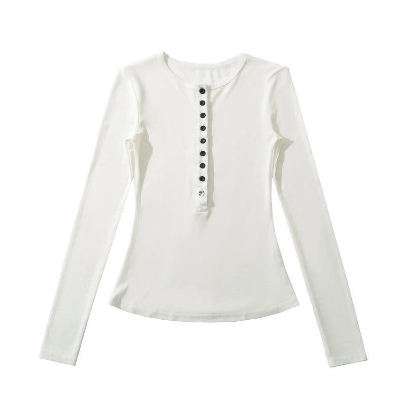 Ins Sweet Spice Girl Henry Collar Row Buckle Long-Sleeved T-Shirt Autumn New Design Sense High Elastic Slim-Fit Slimming Base Shirt - Image 5