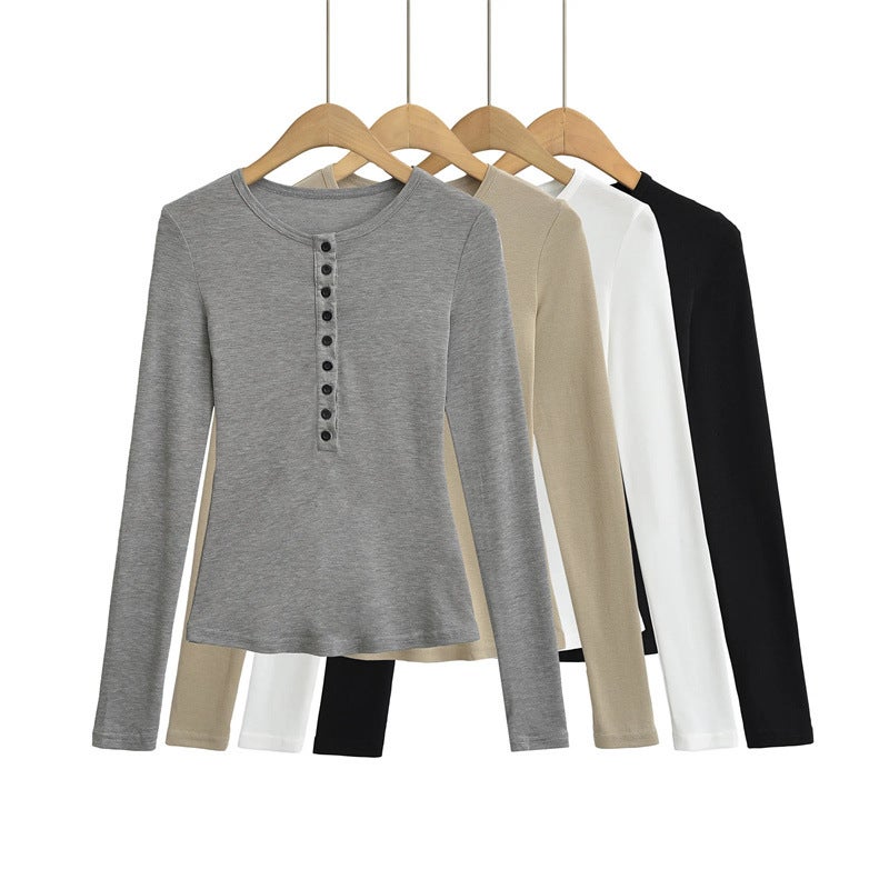 Ins Sweet Spice Girl Henry Collar Row Buckle Long-Sleeved T-Shirt Autumn New Design Sense High Elastic Slim-Fit Slimming Base Shirt - Image 2