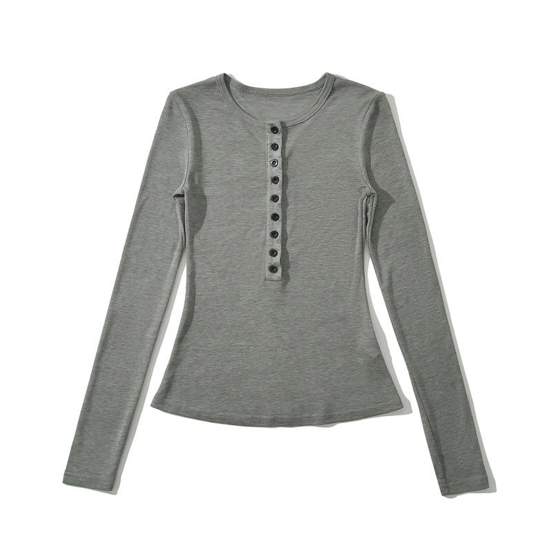 Ins Sweet Spice Girl Henry Collar Row Buckle Long-Sleeved T-Shirt Autumn New Design Sense High Elastic Slim-Fit Slimming Base Shirt - Image 1