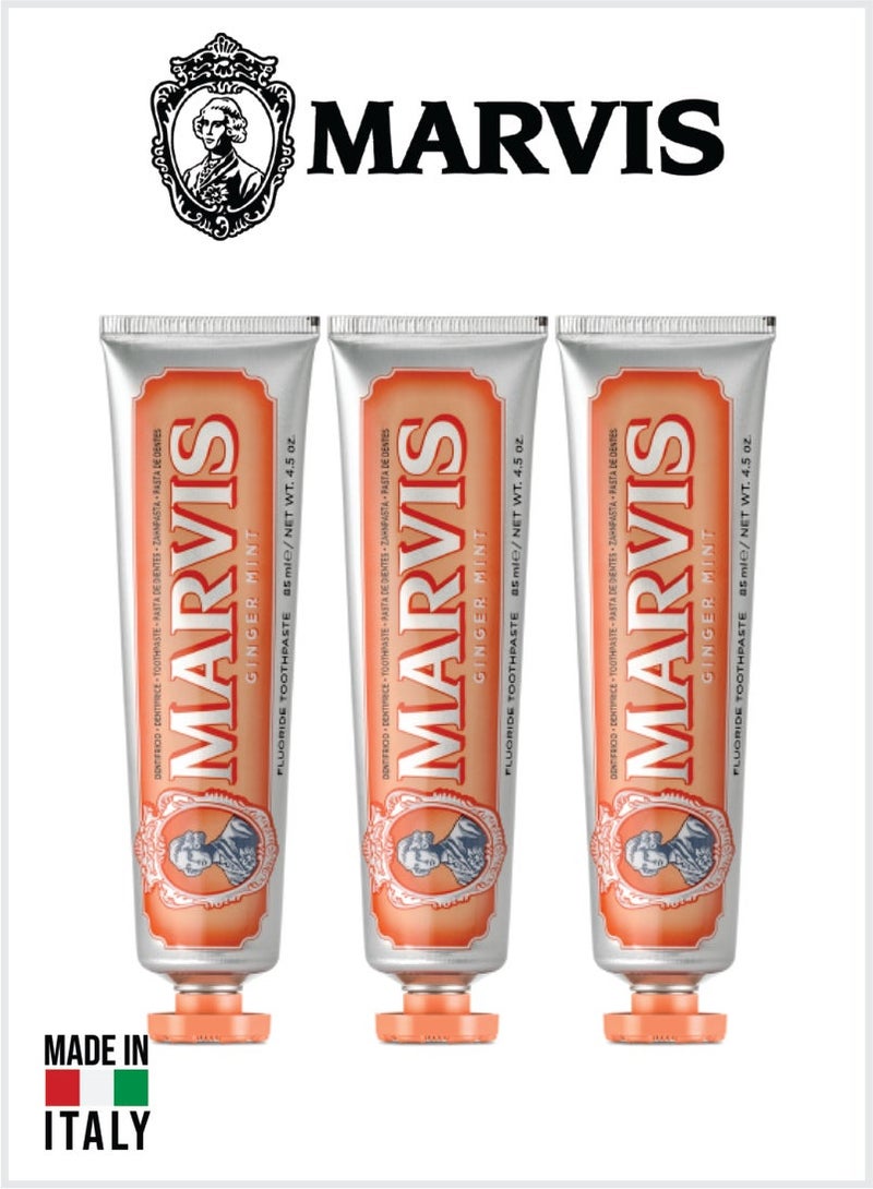 Marvis Ginger Mint Toothpaste, Intense Fresh Breath, Plaque & Cavity Protection 85ML Pack of 3