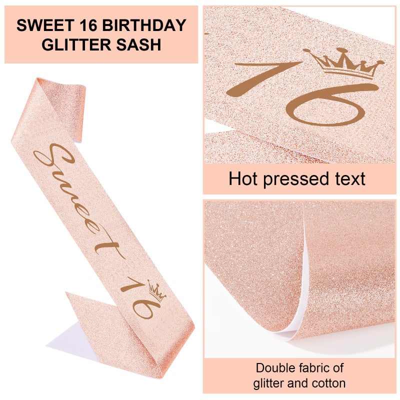 Semato Sweet 16 Party Decorations Set - Rose Gold 16th Birthday Crown and Sweet 16 Sash Glitter Kit for Girls Birthday Happy Birthday Girl Tiara Birthday Party Supplies and Favors - Image 3
