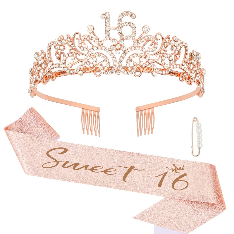 Semato Sweet 16 Party Decorations Set - Rose Gold 16th Birthday Crown and Sweet 16 Sash Glitter Kit for Girls Birthday Happy Birthday Girl Tiara Birthday Party Supplies and Favors - Image 1