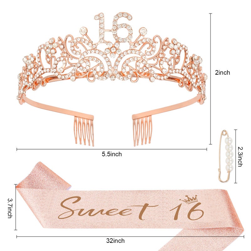 Semato Sweet 16 Party Decorations Set - Rose Gold 16th Birthday Crown and Sweet 16 Sash Glitter Kit for Girls Birthday Happy Birthday Girl Tiara Birthday Party Supplies and Favors - Image 2