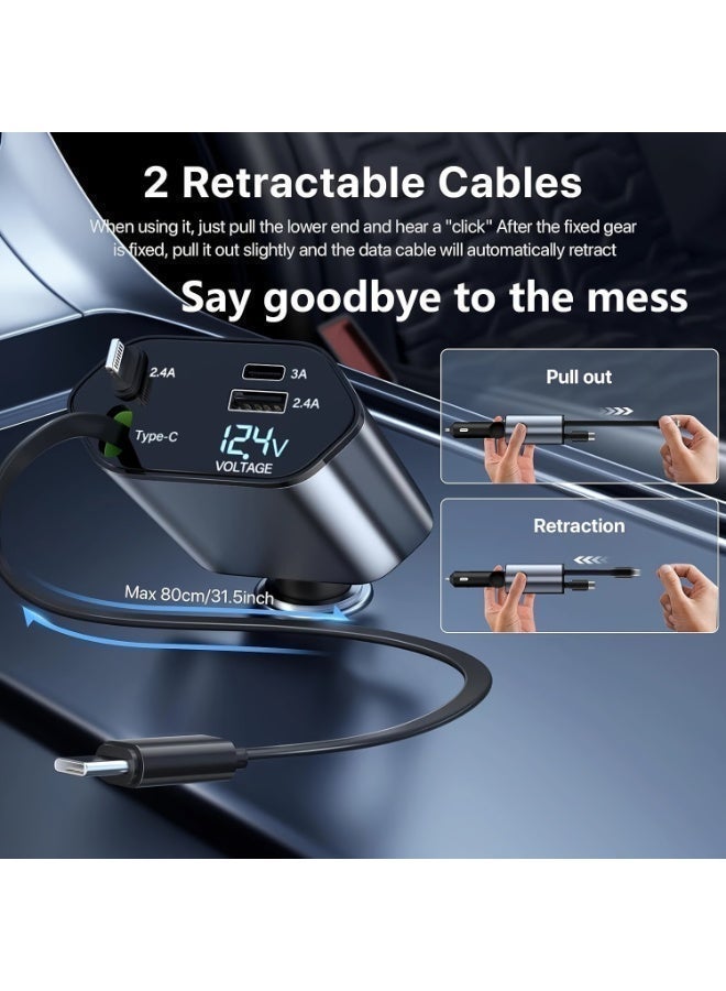 4-in-1 Fast Car Charger with Extendable 80.01cm Cable, USB & Type-C Ports - Compatibility for Phone 16/15/14/13/12/11, More -Adjustable 180° Plug, Tangle-Free Design, Ideal for Dashboard Mounting, Car Charger Fast Charge - Image 5
