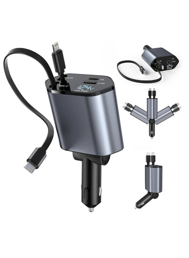 4-in-1 Fast Car Charger with Extendable 80.01cm Cable, USB & Type-C Ports - Compatibility for Phone 16/15/14/13/12/11, More -Adjustable 180° Plug, Tangle-Free Design, Ideal for Dashboard Mounting, Car Charger Fast Charge