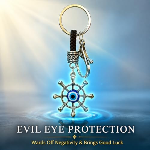 BLUE BEADS Metal Fengshui Evil Eye Keychain and Wheel Design - Good Luck Charms for Keys and Bags - Anti-Rust Key Holder - Ideal for Bike/Car Key Rings - Pack of 1, Silver - Image 4