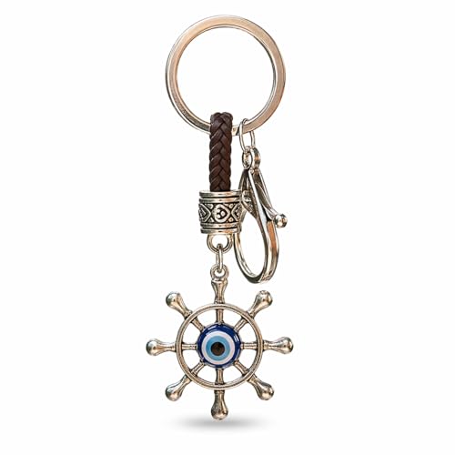 BLUE BEADS Metal Fengshui Evil Eye Keychain and Wheel Design - Good Luck Charms for Keys and Bags - Anti-Rust Key Holder - Ideal for Bike/Car Key Rings - Pack of 1, Silver - Image 1