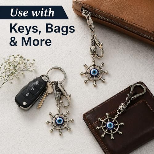 BLUE BEADS Metal Fengshui Evil Eye Keychain and Wheel Design - Good Luck Charms for Keys and Bags - Anti-Rust Key Holder - Ideal for Bike/Car Key Rings - Pack of 1, Silver - Image 2