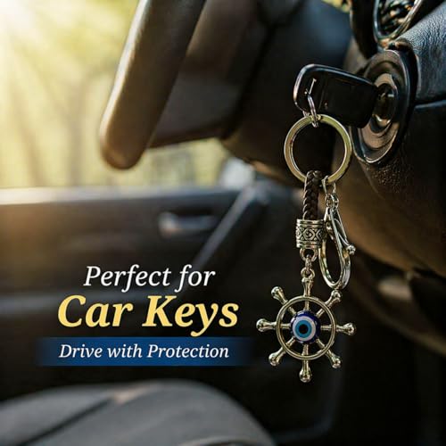 BLUE BEADS Metal Fengshui Evil Eye Keychain and Wheel Design - Good Luck Charms for Keys and Bags - Anti-Rust Key Holder - Ideal for Bike/Car Key Rings - Pack of 1, Silver - Image 3