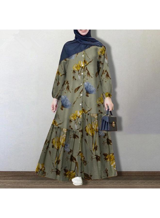 Muslim Clothes Large Size Women's Cotton And Linen Long-sleeved Fashion Loose Casual Floral Long Dress For Women 