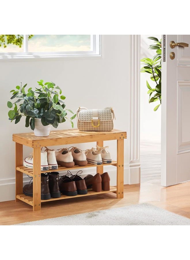 Pipishell Bamboo Shoe Rack Bench, 3-Tier Sturdy Shoe Organizer, Storage Shoe Shelf, Holds up to 300lbs for Entryway Bedroom Living Room Balcony - Bamboo - Image 2