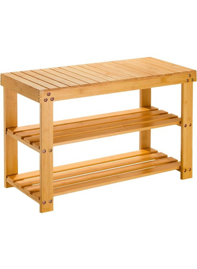 Pipishell Bamboo Shoe Rack Bench, 3-Tier Sturdy Shoe Organizer, Storage Shoe Shelf, Holds up to 300lbs for Entryway Bedroom Living Room Balcony - Bamboo - Image 1