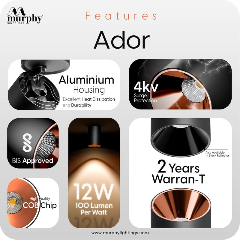 MURPHY Murphy 12W Black Body Reflective Rose Gold Finish 360 Degree Adjustable LED Surface COB Light WallCeiling Mountable Warm White Pack of 4 - Image 3