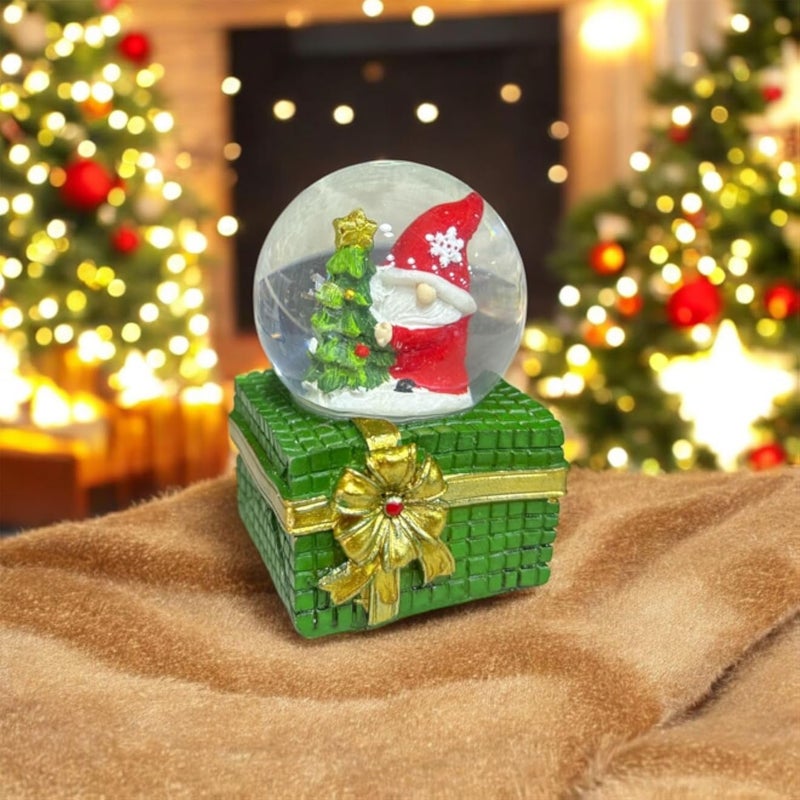 كرة ثلجية لعيد الميلاد مع شجرة وقاعدة صندوق هدايا، ديكور موسيقي للعطلات، أخضر وذهبي