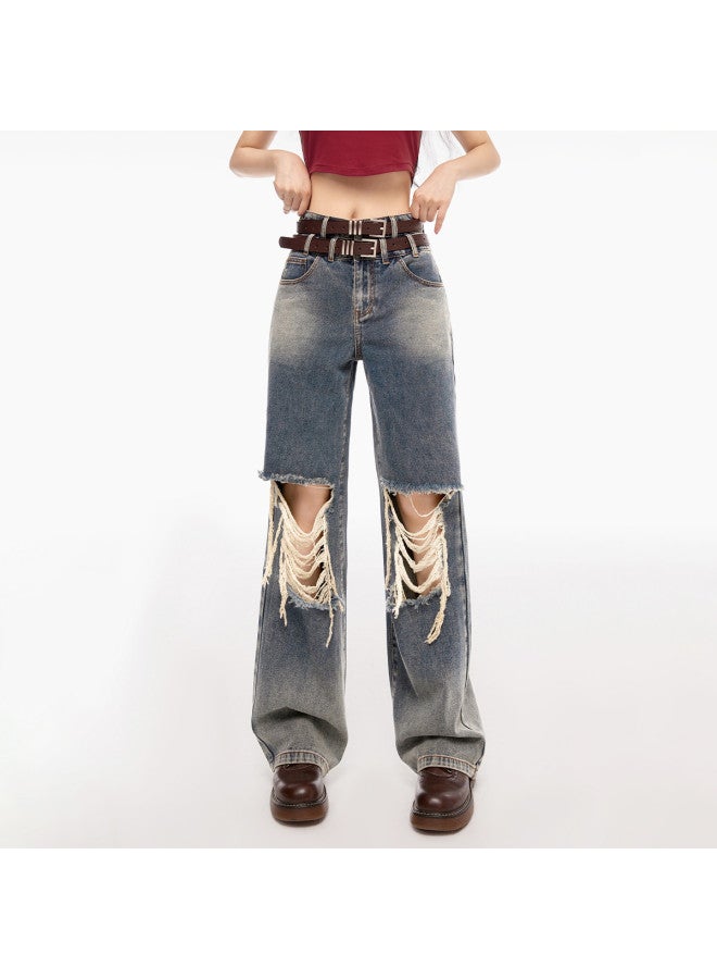EPTISON Distressed Wide-leg Jeans Women's Summer Vintage Washed Double-waist Design Trendy Straight Denim Pants - Image 2