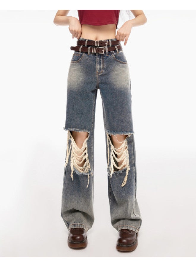 EPTISON Distressed Wide-leg Jeans Women's Summer Vintage Washed Double-waist Design Trendy Straight Denim Pants - Image 1