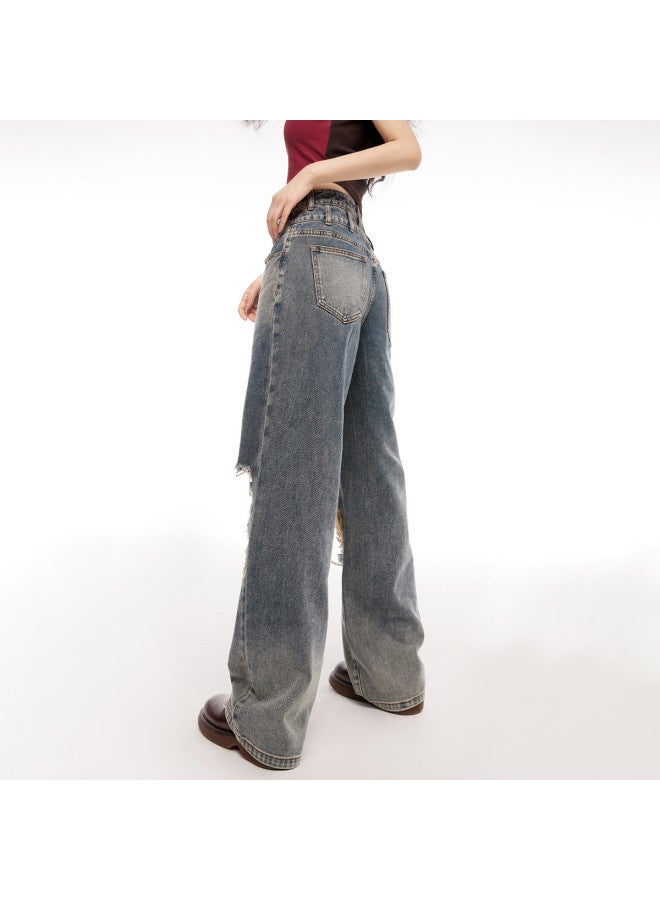 EPTISON Distressed Wide-leg Jeans Women's Summer Vintage Washed Double-waist Design Trendy Straight Denim Pants - Image 5