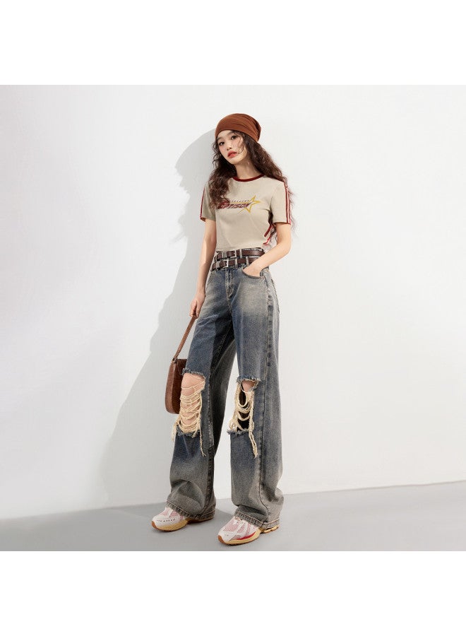 EPTISON Distressed Wide-leg Jeans Women's Summer Vintage Washed Double-waist Design Trendy Straight Denim Pants - Image 3