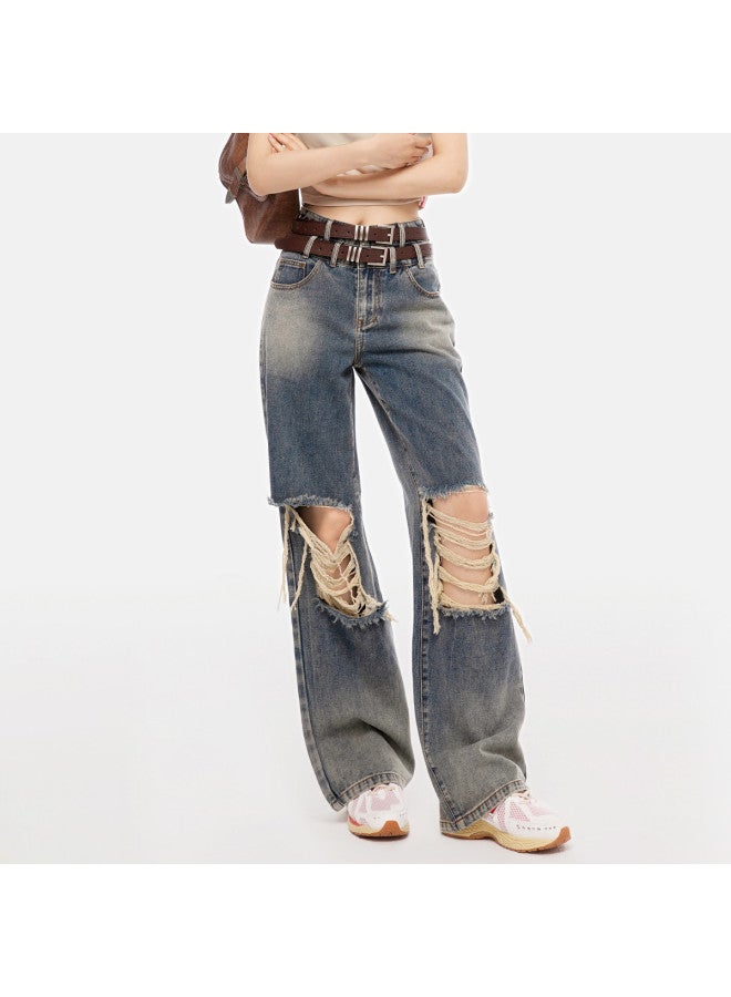 EPTISON Distressed Wide-leg Jeans Women's Summer Vintage Washed Double-waist Design Trendy Straight Denim Pants - Image 4