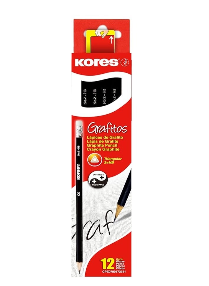 Kores Graphite Pencils for Kids and Adults with Soft Lead and Eraser Tip, Triangular Shape, School and Office Supplies for Writing, Drawing and Sketching, Pack of 12  - Image 1