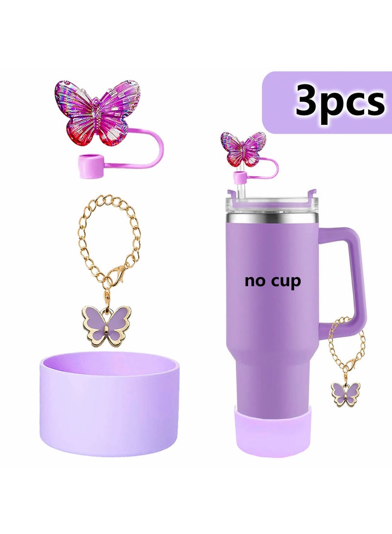Generic 3-piece Water Cup Butterfly Decorative Straw Cover Silicone Cup Cover Resin Butterfly Cup Chain ins Key Pendant (Purple) - Image 1