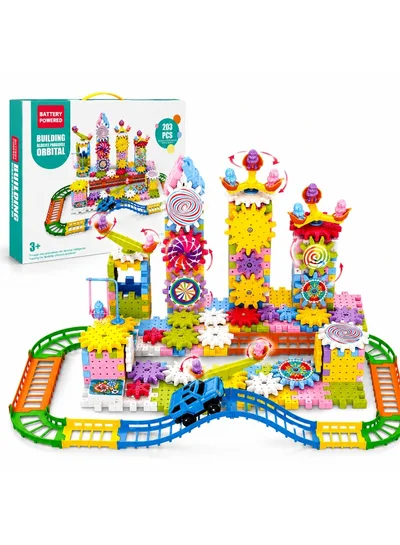 203PCS Rotating Building Blocks Set with Moving Gears, Train Track, Toy Car & Amusement…