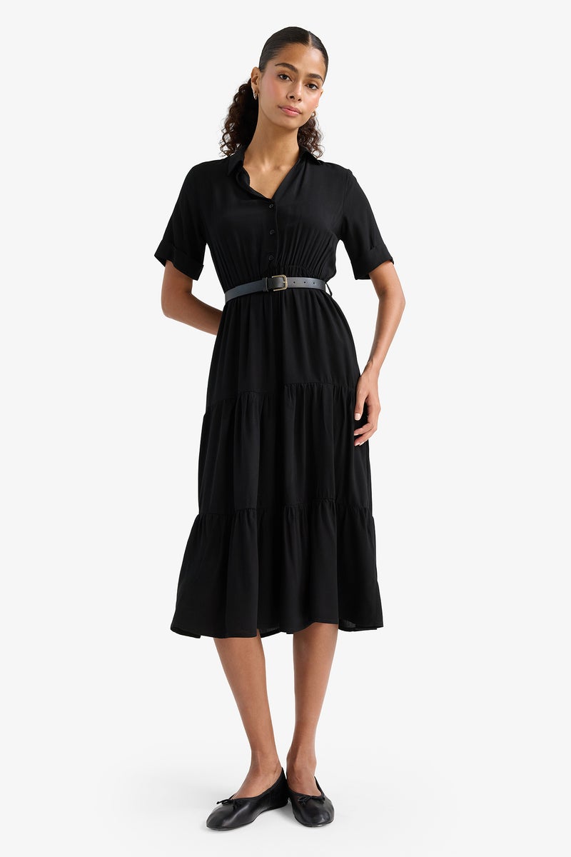 DeFacto Black Woman Shirt Collar Zebra Print Half Sleeve Dress Casual - Image 2