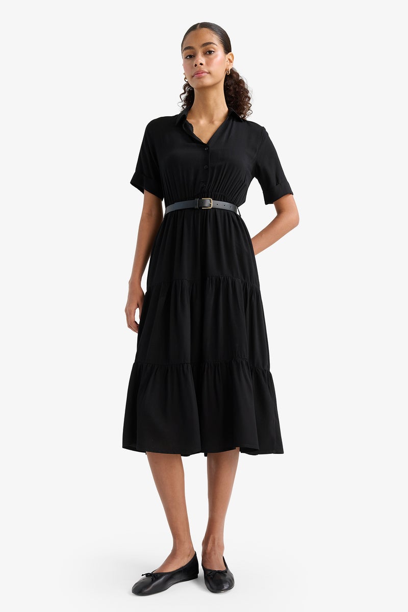 DeFacto Black Woman Shirt Collar Zebra Print Half Sleeve Dress Casual - Image 1