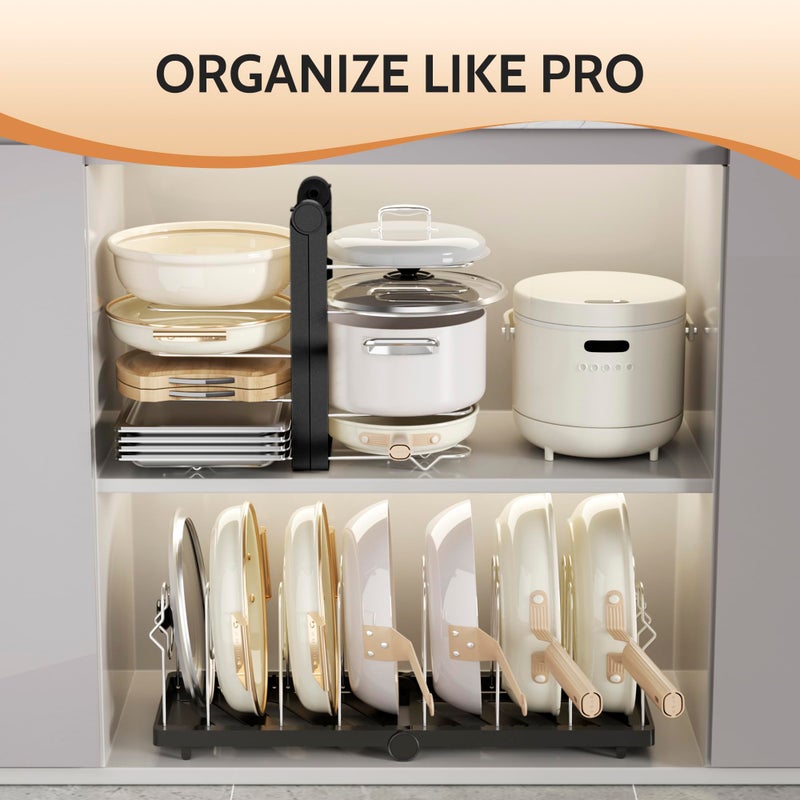 CEHNCEH Pots and Pans Organizer under Cabinet for Cabinet and Countertop Longest 28.5 in Foldable Adjustable 8-Tier Pan Organizer Rack Perfect to Store Pots, Kitchen Cabinet Organizer (Black) - Image 2