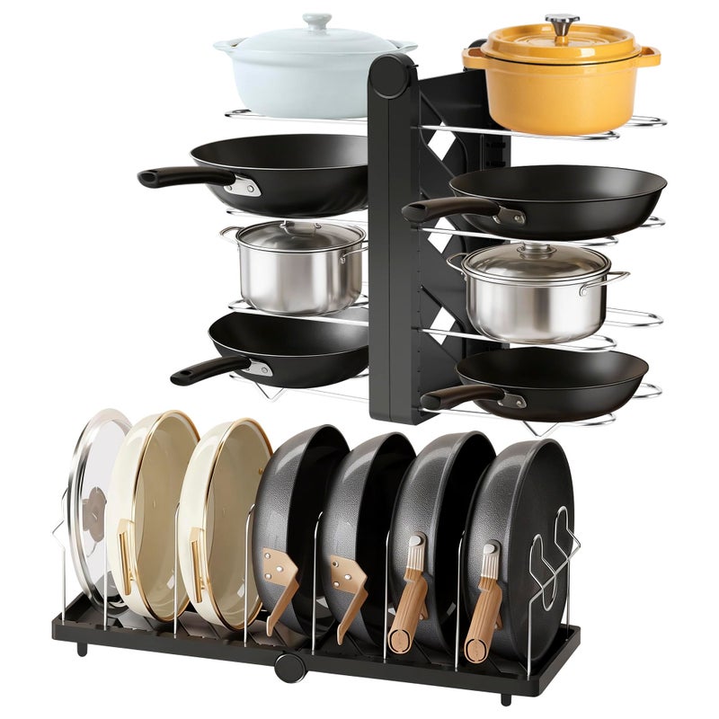 CEHNCEH Pots and Pans Organizer under Cabinet for Cabinet and Countertop Longest 28.5 in Foldable Adjustable 8-Tier Pan Organizer Rack Perfect to Store Pots, Kitchen Cabinet Organizer (Black) - Image 1
