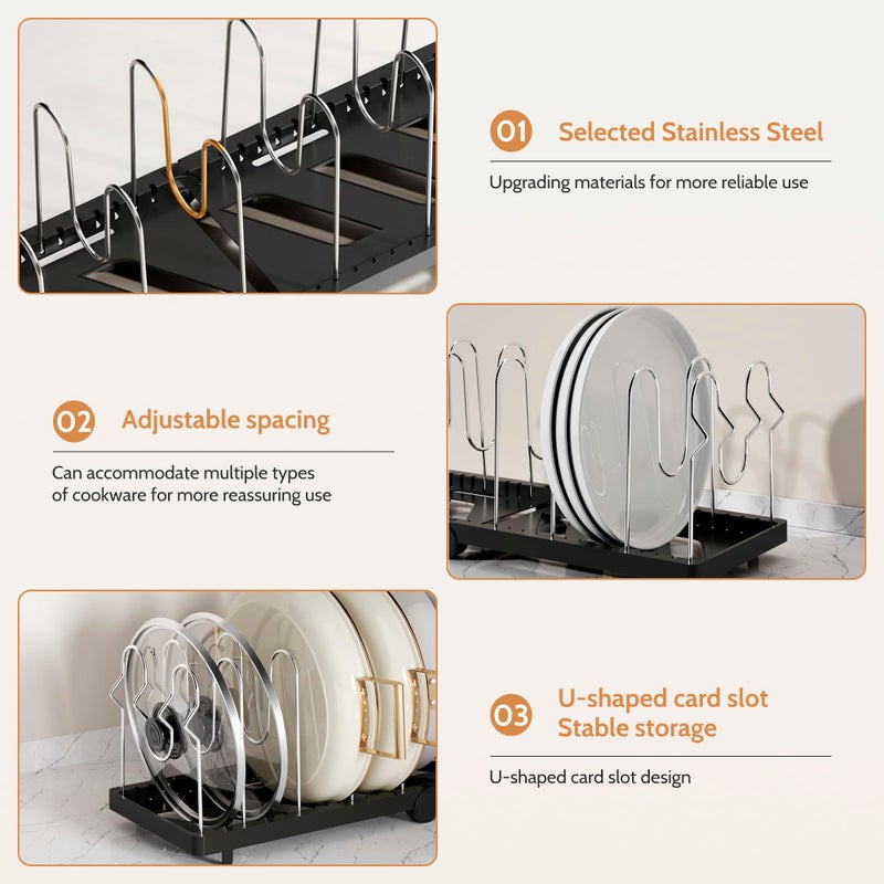CEHNCEH Pots and Pans Organizer under Cabinet for Cabinet and Countertop Longest 28.5 in Foldable Adjustable 8-Tier Pan Organizer Rack Perfect to Store Pots, Kitchen Cabinet Organizer (Black) - Image 5
