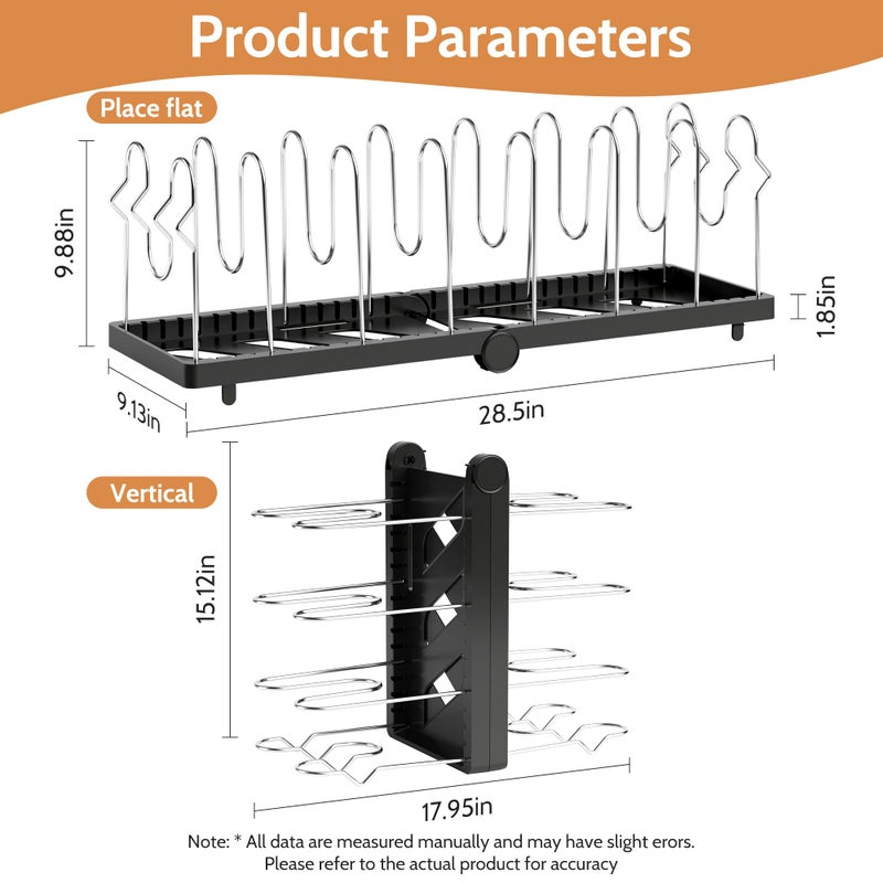 CEHNCEH Pots and Pans Organizer under Cabinet for Cabinet and Countertop Longest 28.5 in Foldable Adjustable 8-Tier Pan Organizer Rack Perfect to Store Pots, Kitchen Cabinet Organizer (Black) - Image 4