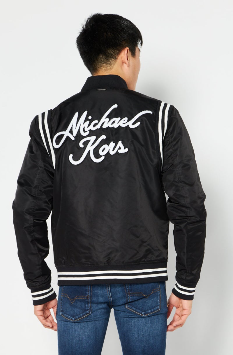 Michael Kors Men Brand Logo Long Sleeve Varsity Jacket, Black  - Image 2